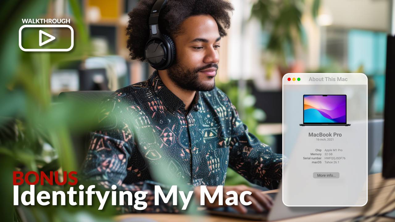 A man wearing headphones looking at his Mac laptop display.