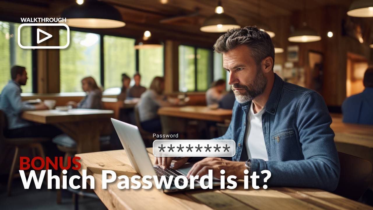 An older gentleman with his MacBook in a café. A password input box is overlayed.