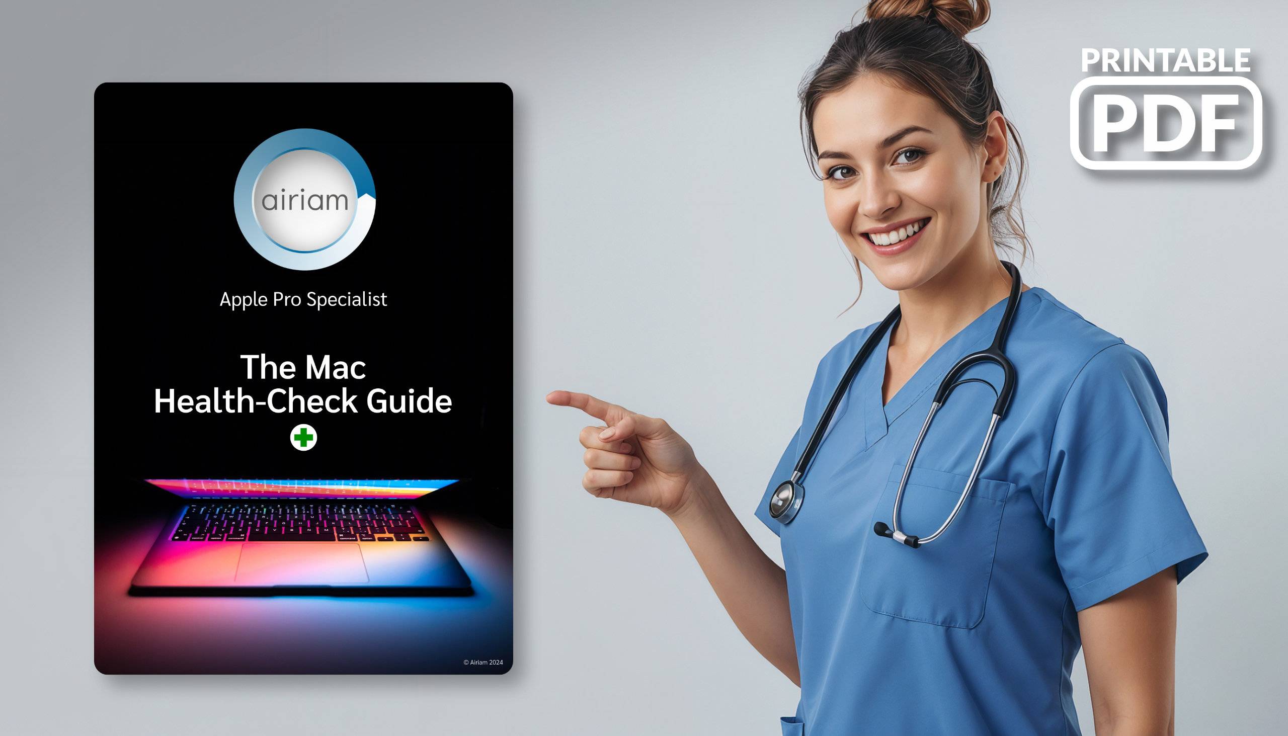 A female doctor in blue scrubs pointing at the Health Check Guide.