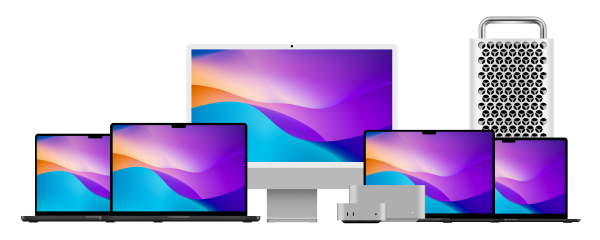 The entire Mac Lineup with a colourfull backdrop on each display.