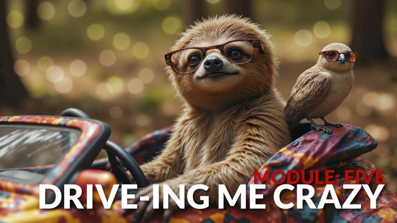 A sloth and hawk wearing glases driving a colourful car.