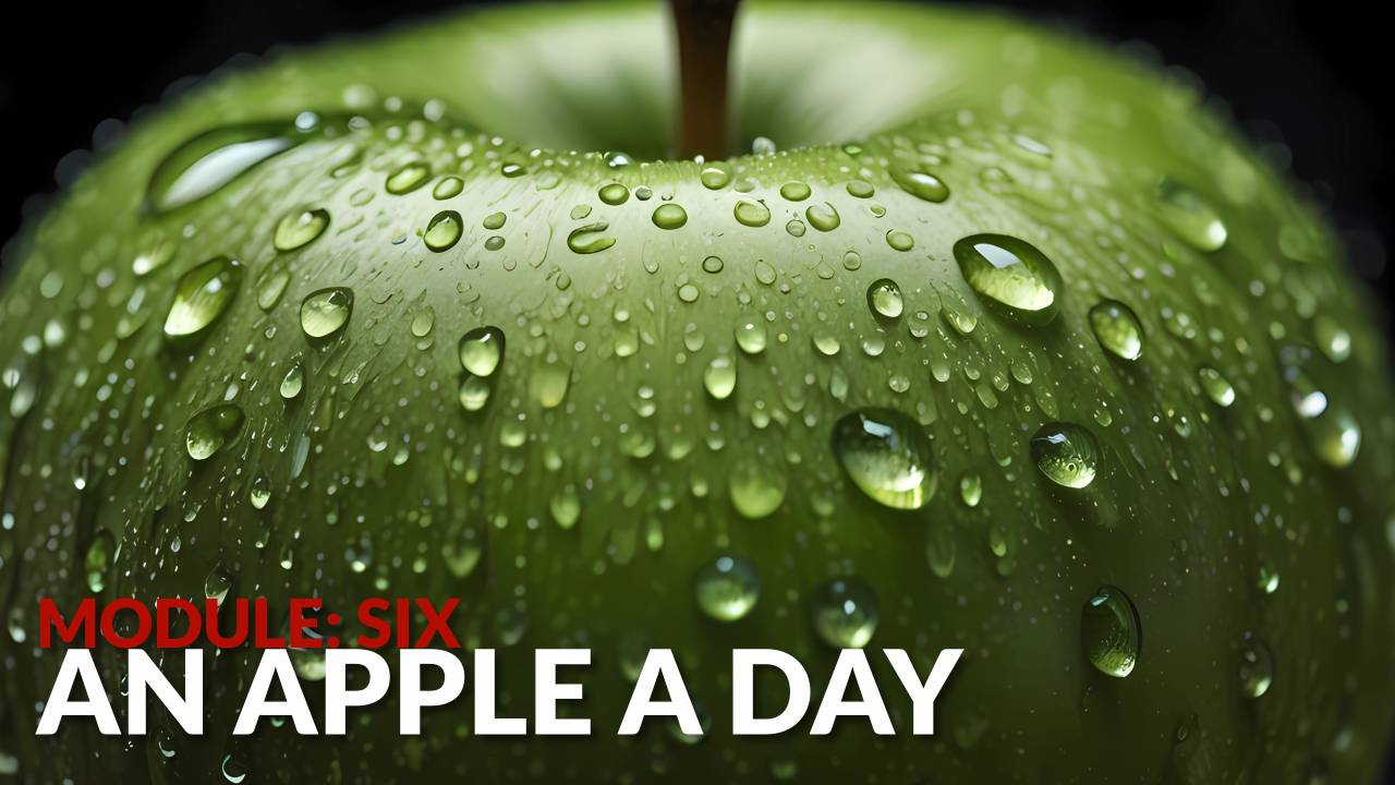 A closeup of a green apple with beads of water all over.