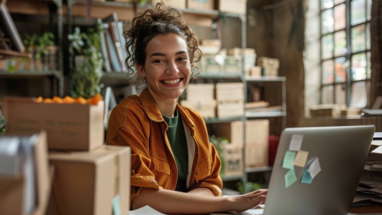 A smiling woman sat in her office with her Mac laptop and organic produce around her.