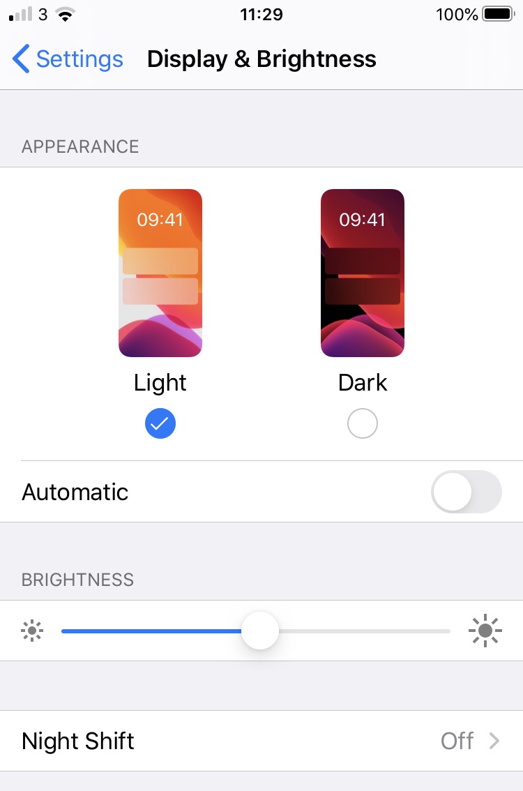 The Dark Mode settings on iOS