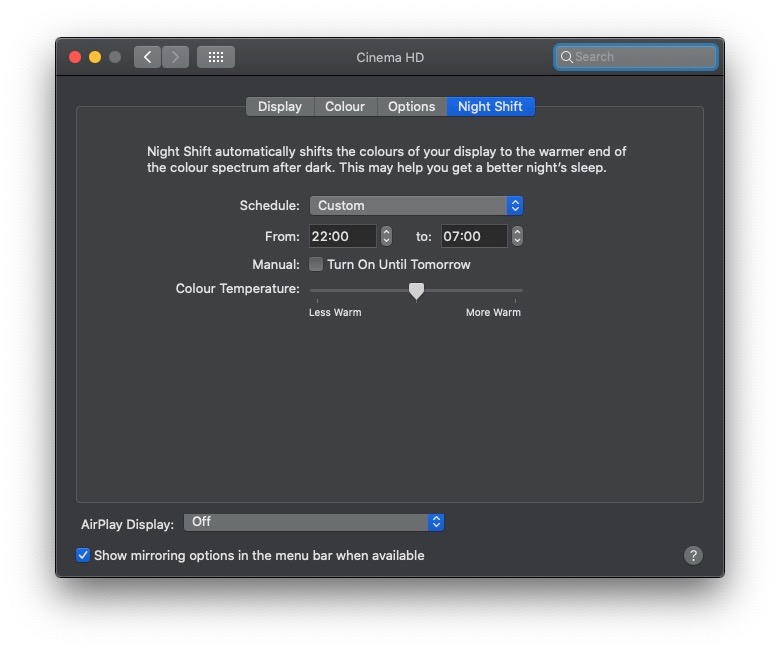 The night shift settings on MacOS in Dark Mode.