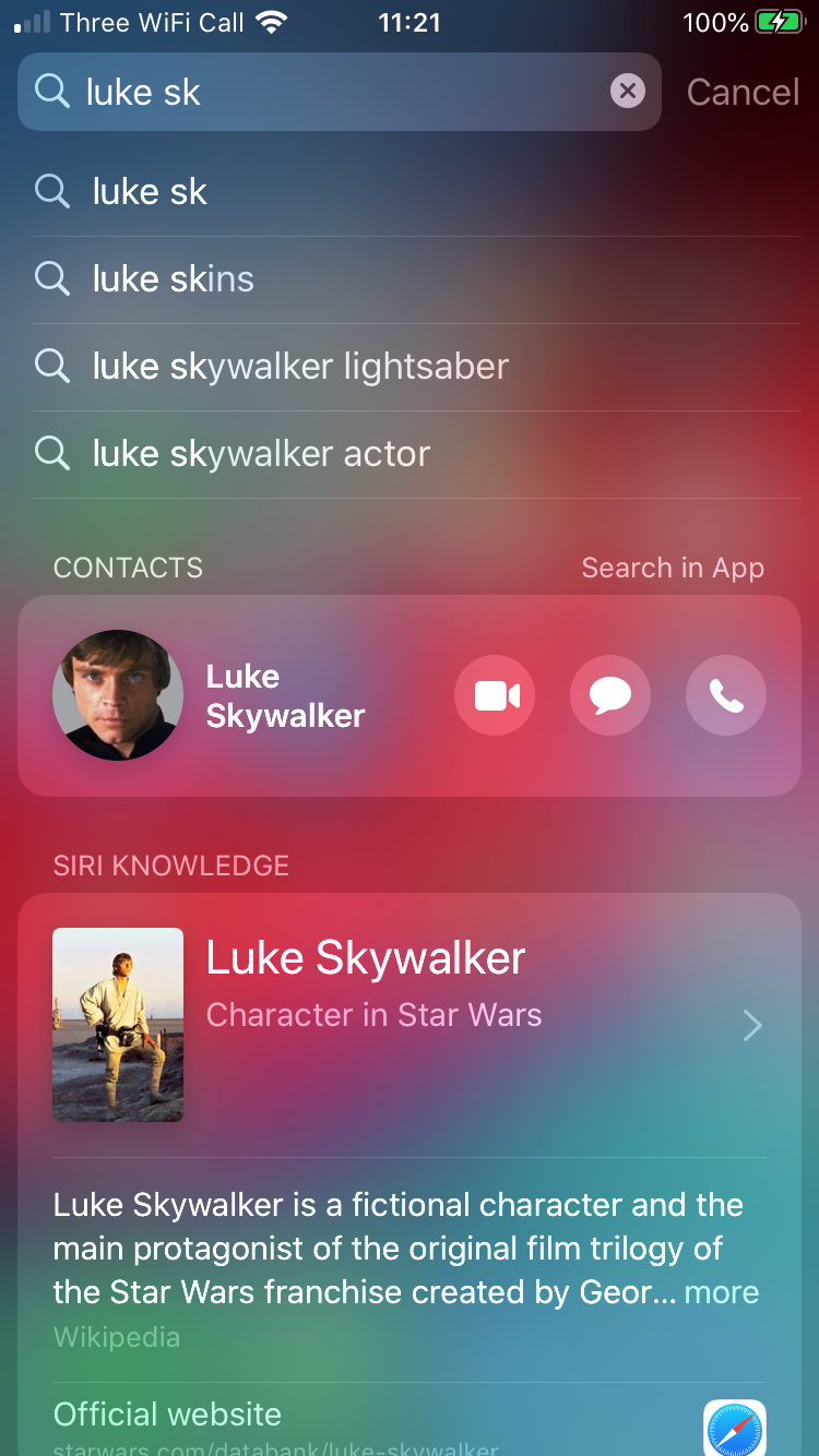 The Search results for search term Luke Skywalker in iOS.